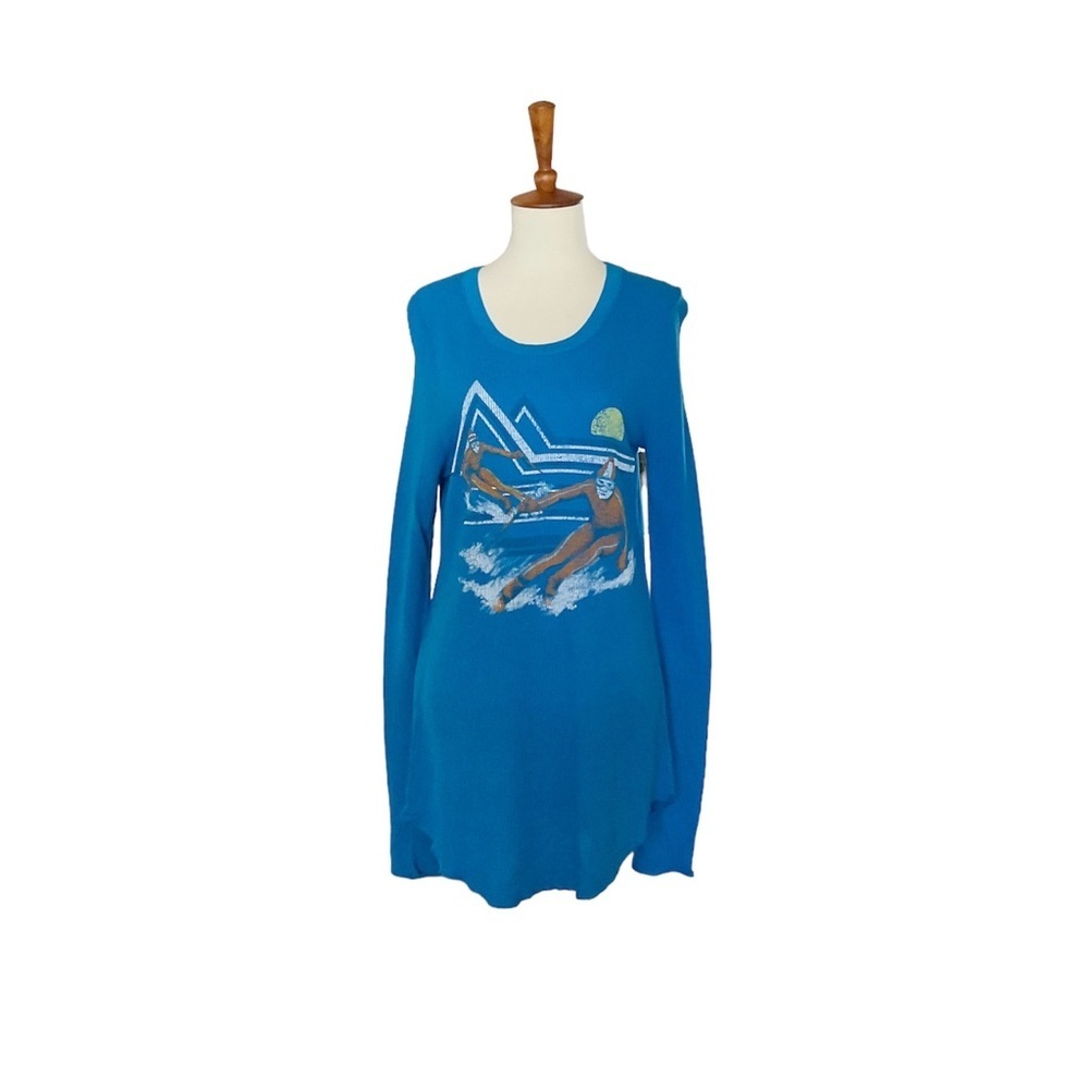 Chaser Ski School Thermal Long Tunic Top Blue Graphic Size Medium
